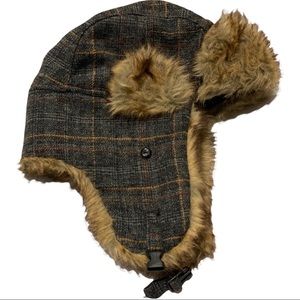 Mad Bomber Grey Brown Plaid Pilot Aviator Hat Faux Fur Trapper Hunting